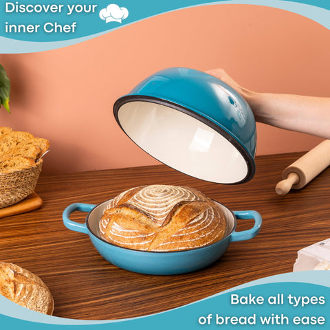 Steam-trapping lid inside Nuovva enamelled cast iron pot supports moist crumb