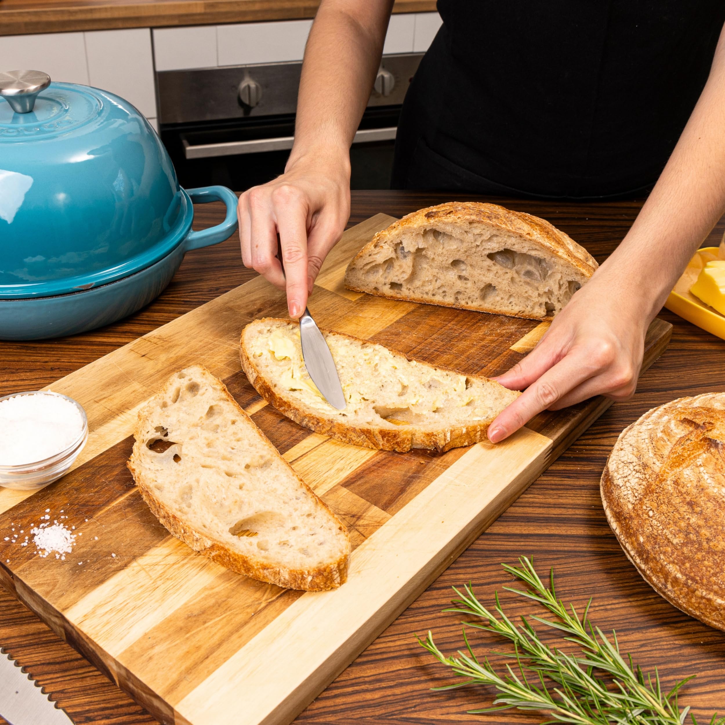 Elegant blue enamelled Nuovva pot ready for oven to table serving
