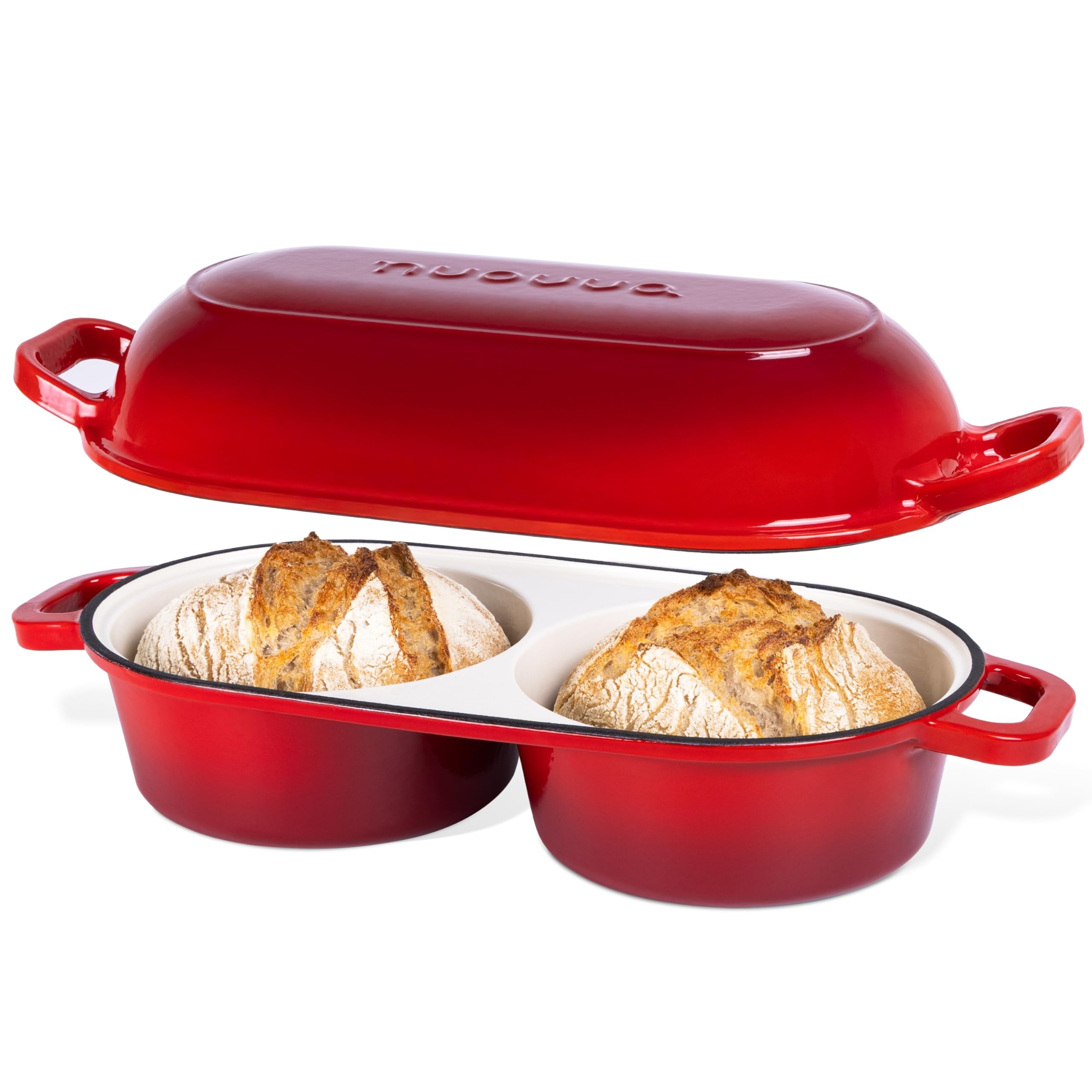 Nuovva Dutch Oven two-loaf pan with even heat distribution.