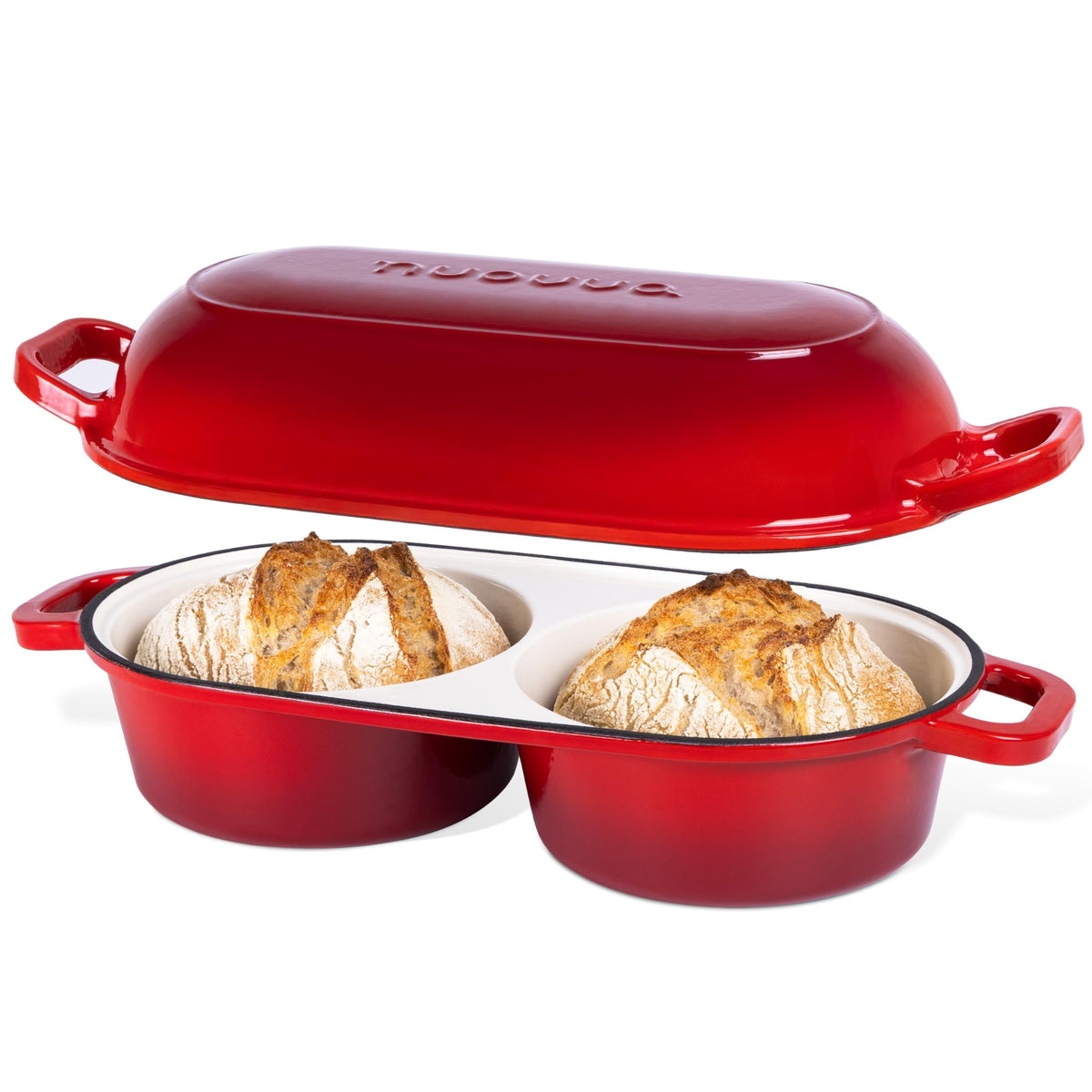Nuovva Dutch Oven two-loaf pan with even heat distribution.