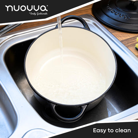 Nuovva enamelled casserole available in red, blue, grey, or green for style.