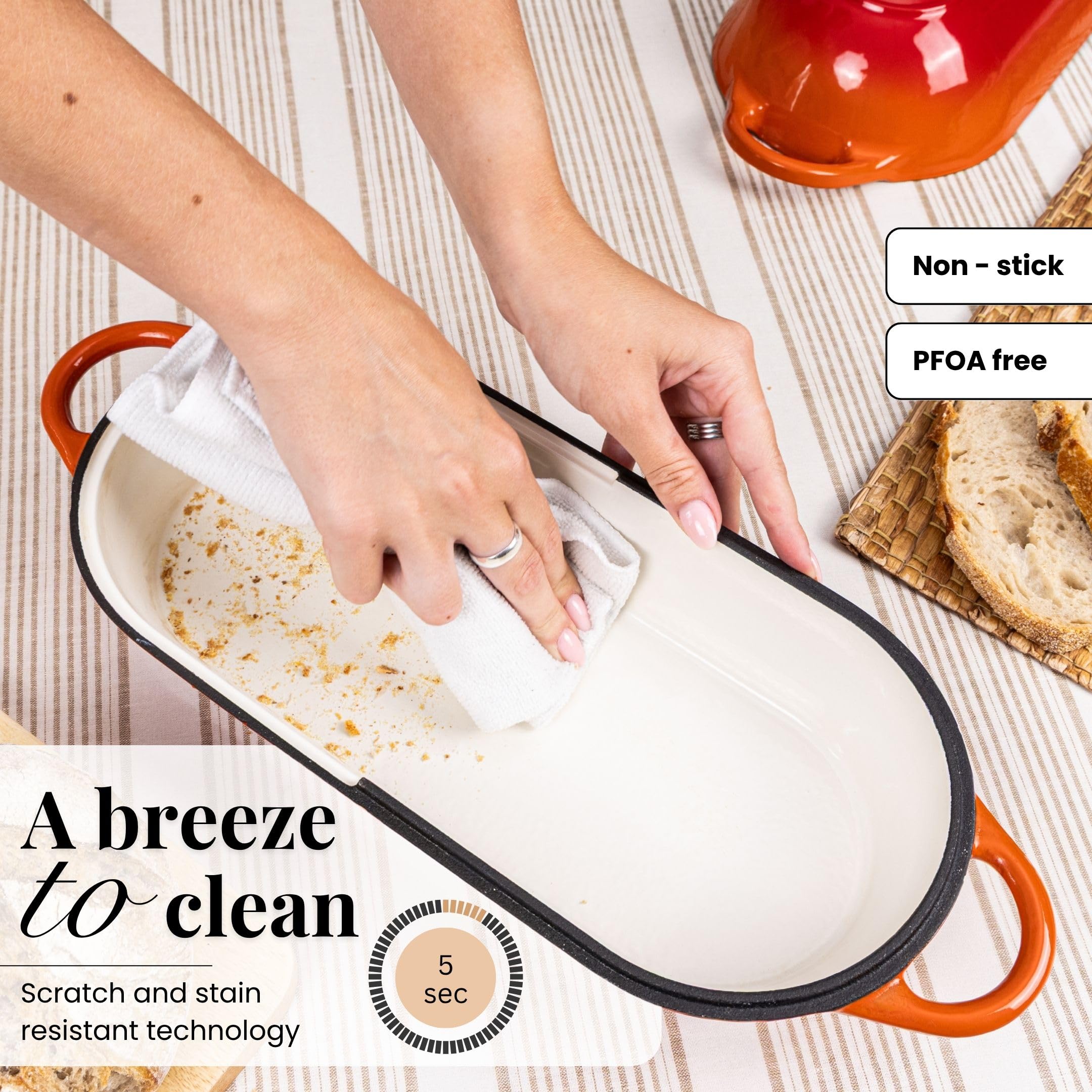 Nuovva enamelled cast iron bread loaf pan provides even heat for consistent results.