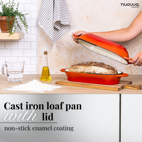 Nuovva oven-safe bread pot compatible with induction, gas, electric, ceramic cooktops.