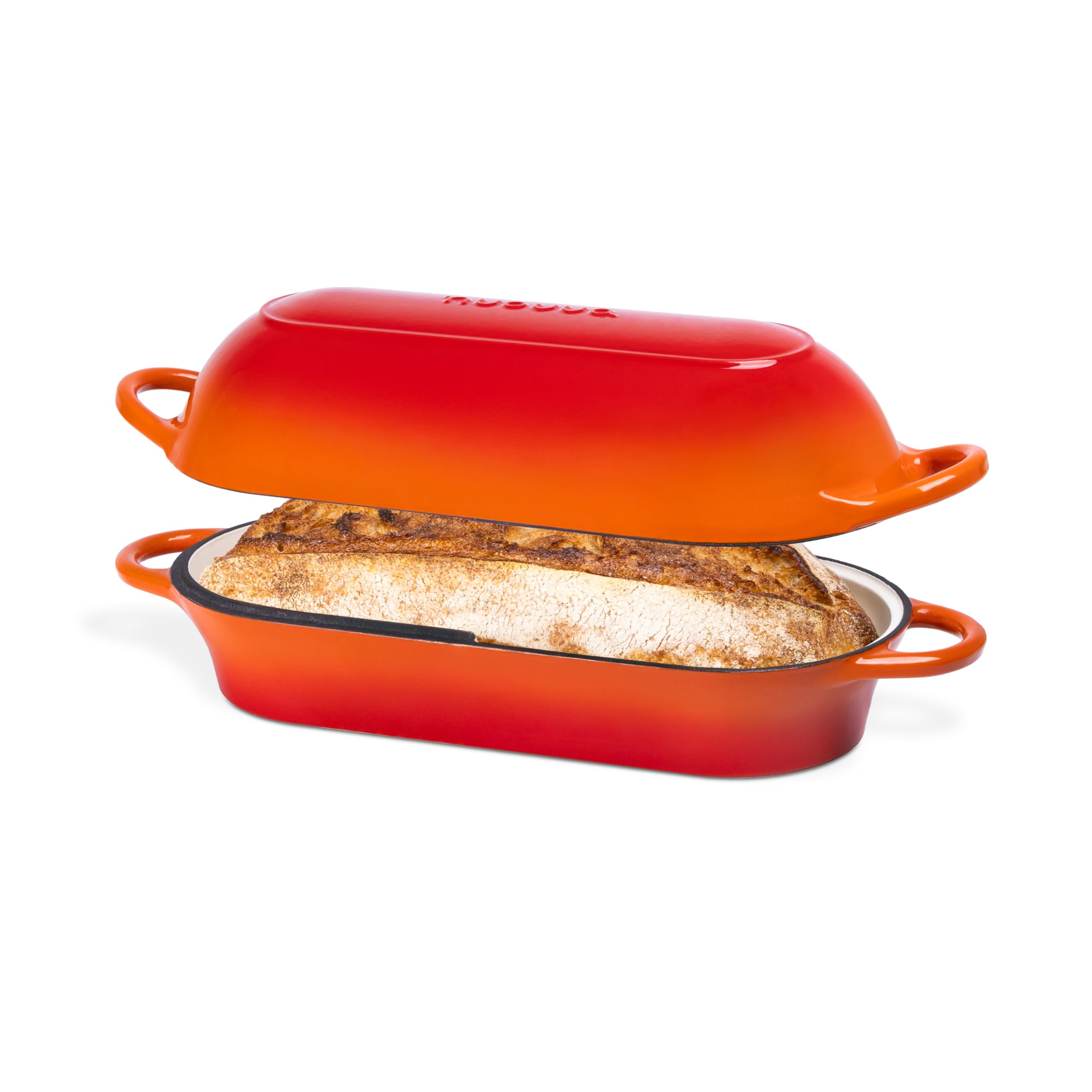 Nuovva enamelled cast iron bread loaf pot, rectangular orange 34cm, for even baking.