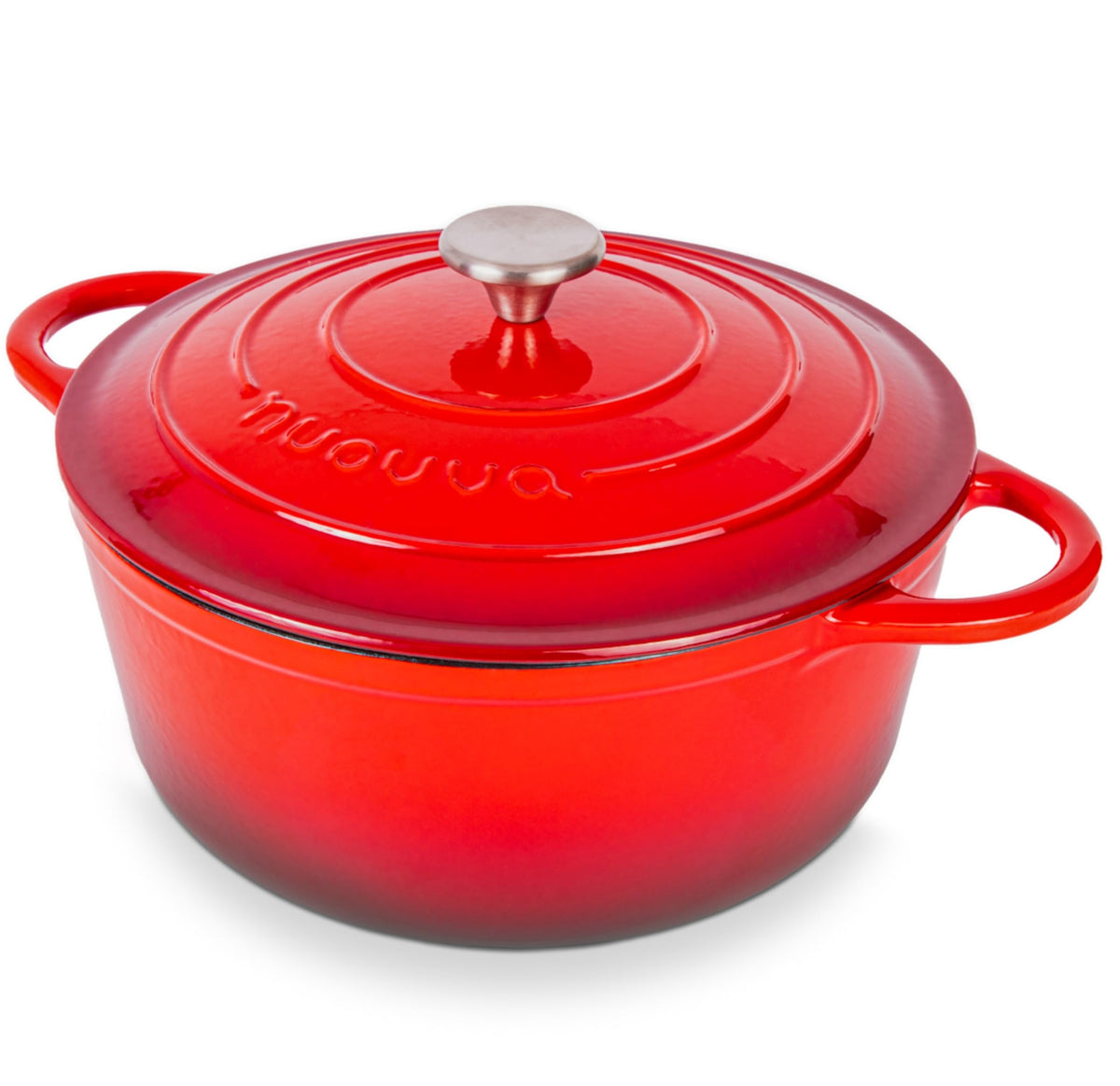Nuovva enamelled cast iron dutch oven 28cm with red lid for even heat distribution.