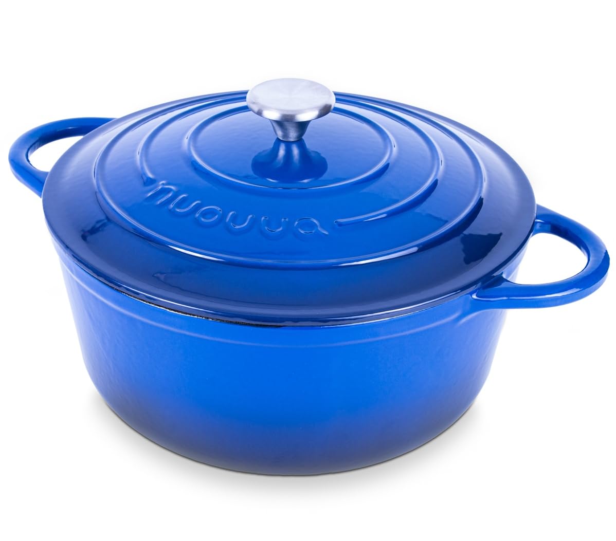 Nuovva enamelled cast iron Dutch oven in dark blue; durable heat retention for even cooking.