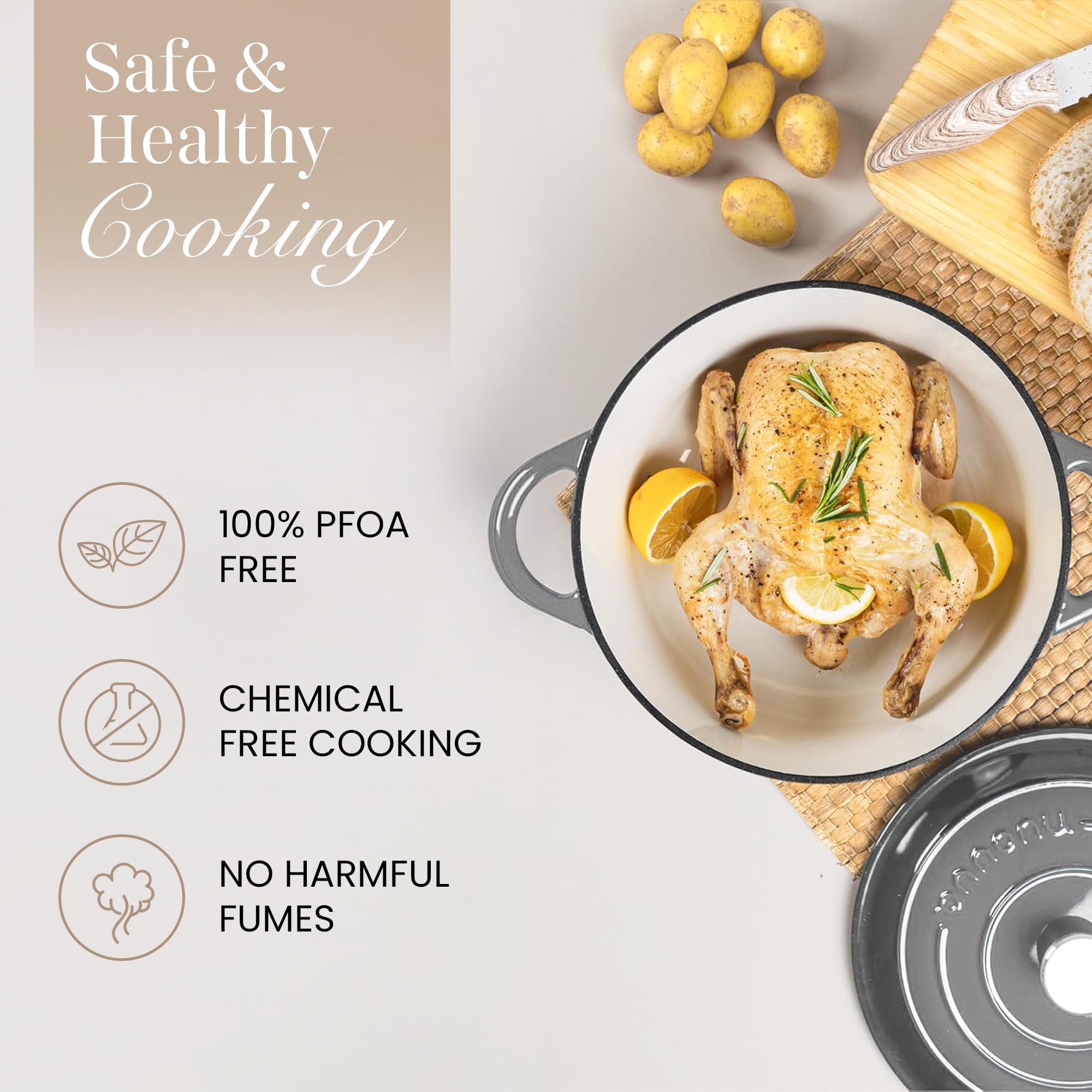 Nuovva 6.4 qt Dutch oven used for bread baking, stews, and hearty roasts.