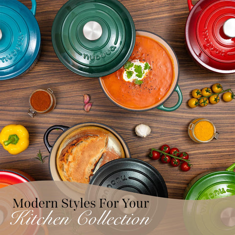 Nuovva grey enamelled pot fits modern kitchens and pairs with other cookware.