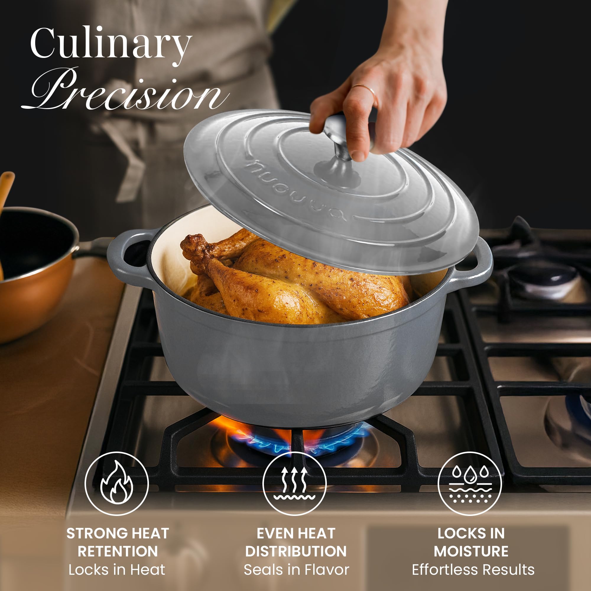 Nuovva Dutch oven retains heat, keeping meals warm at the table.