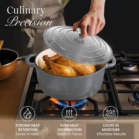 Nuovva Dutch oven retains heat, keeping meals warm at the table.