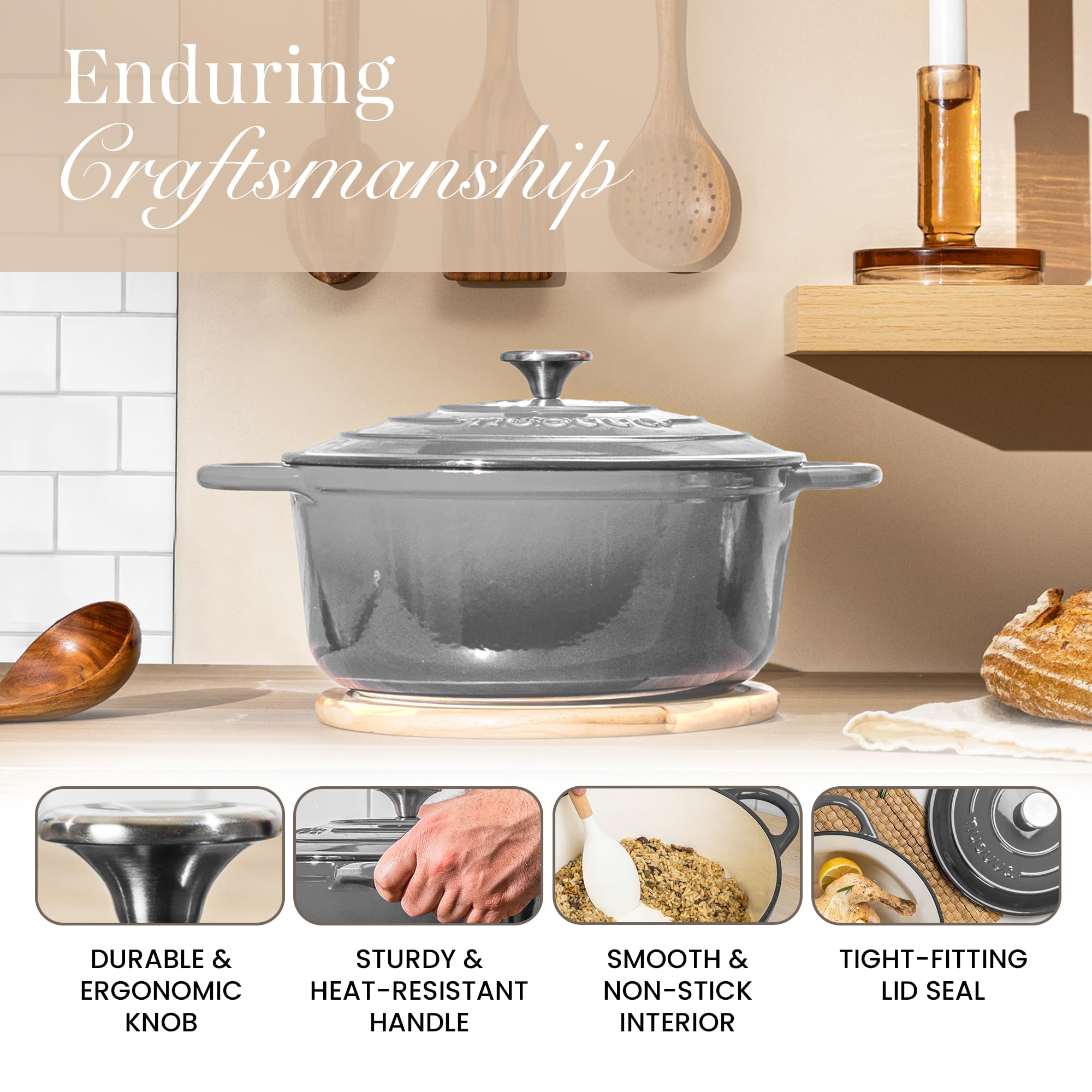 Nuovva enamelled finish cleans easily, no seasoning required for busy evenings.