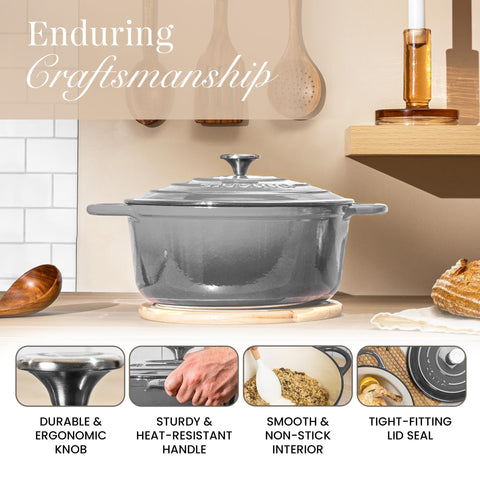 Nuovva enamelled finish cleans easily, no seasoning required for busy evenings.