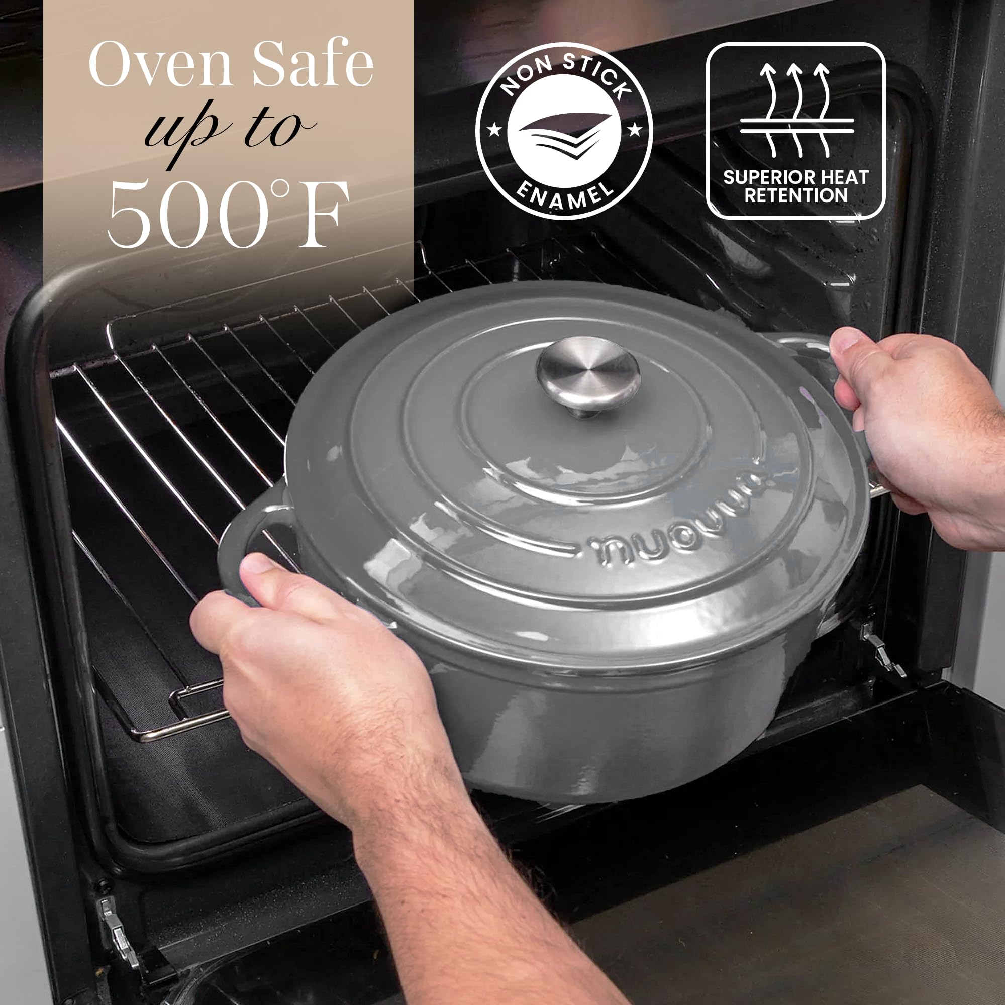 Nuovva Dutch oven on stovetop browning meat, seals in juices for braising.