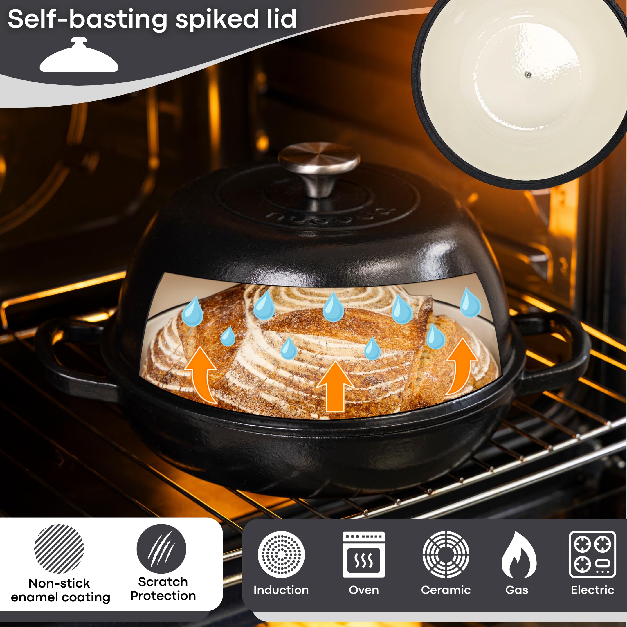 Nuovva bread pot with loaf demonstrates even heat for browning and crust