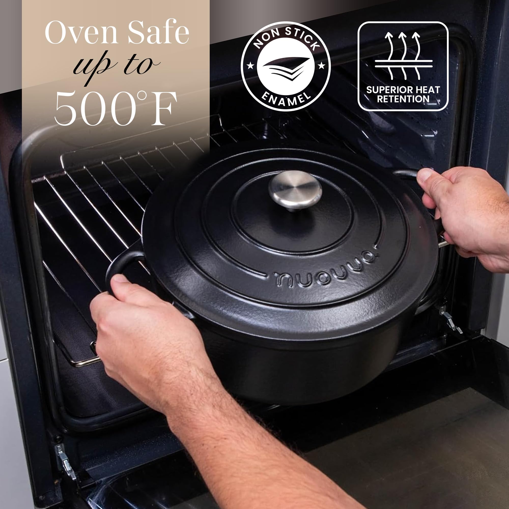 Smooth enamel interior cleans quickly with minimal scrubbing