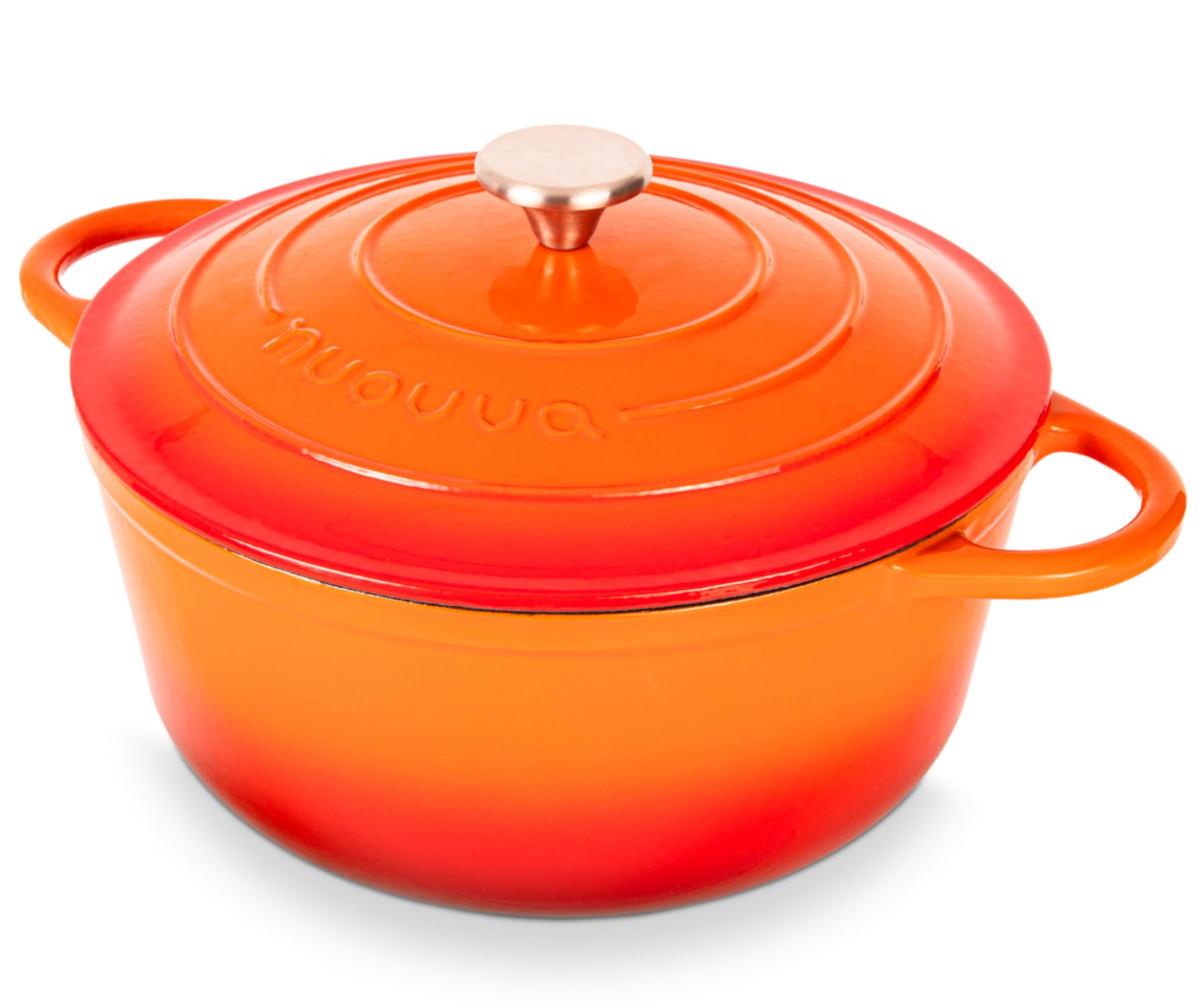 Nuovva enamelled cast iron Dutch oven orange 28cm with lid on for versatile cooking.
