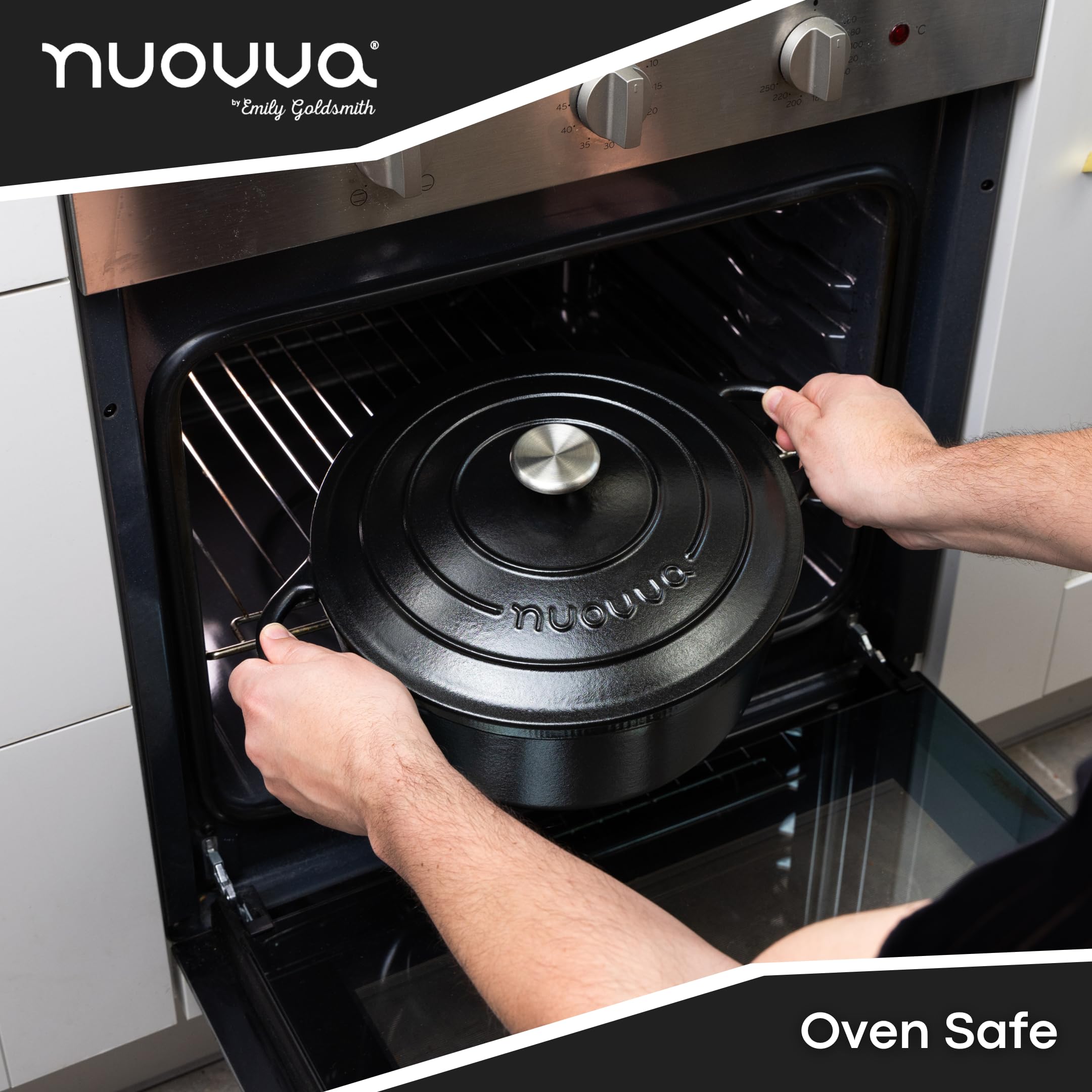 Nuovva enamelled interior promotes smooth release and simple cleanup after cooking.