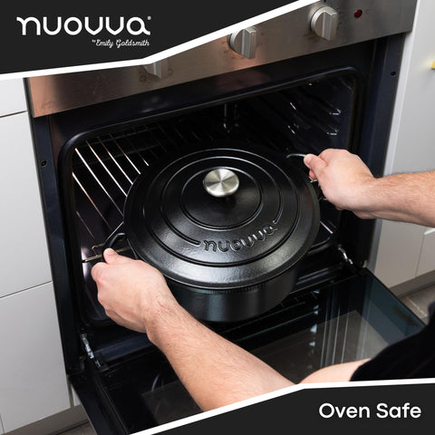 Nuovva enamelled interior promotes smooth release and simple cleanup after cooking.