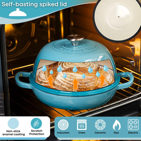 Nuovva blue enamelled Dutch oven demonstrating crust formation and even heat