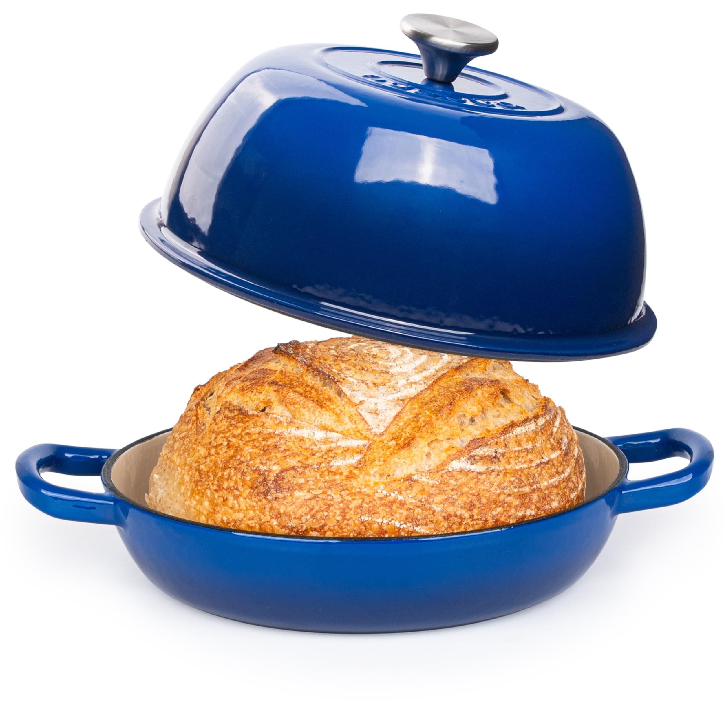 Nuovva enamelled Dutch oven in dark blue 26cm with superior heat retention for even sourdough baking.