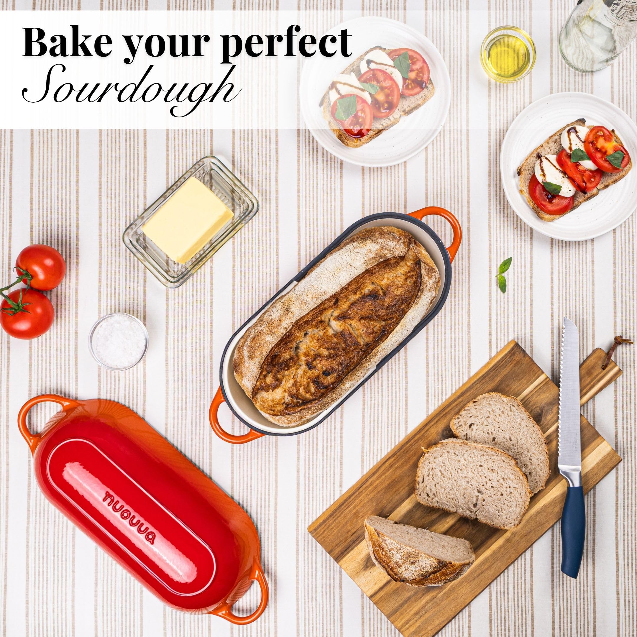 Nuovva moisture-lock lid aids self-basting steam for flavorful bread.