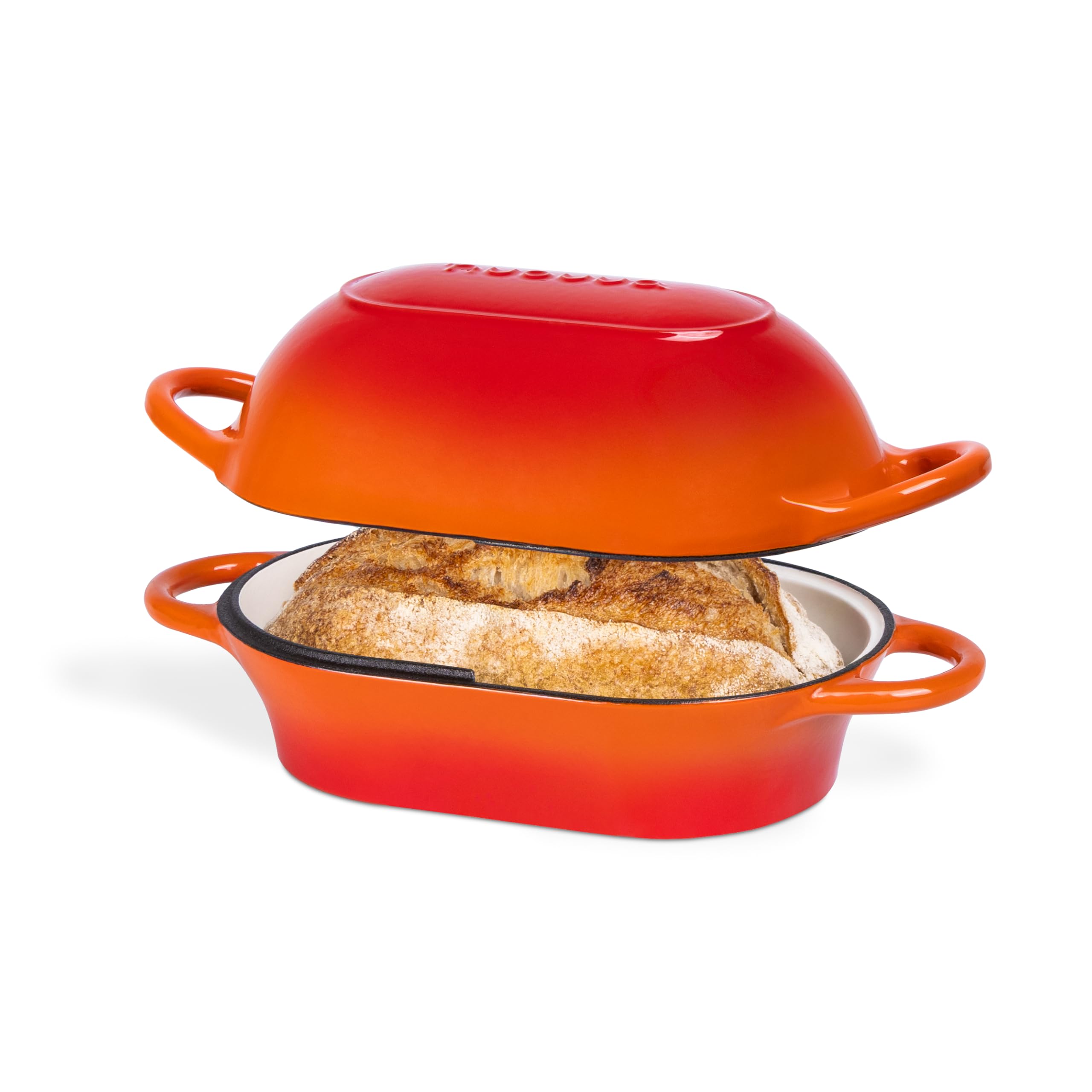 Nuovva orange enamelled Dutch oven rectangular 24x16 for even bread baking