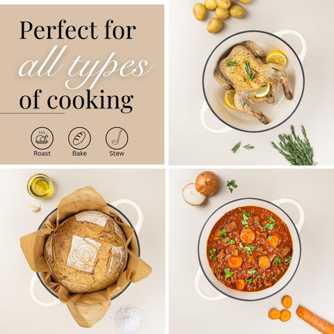 Nuovva cream serving dish on table ready for stews and sides.