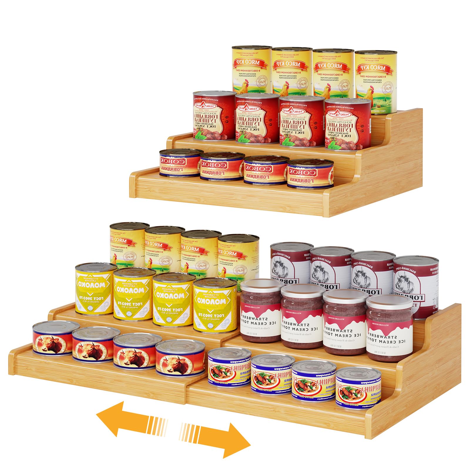 NuoyuanShen expandable bamboo can rack with a 3-tier design enhances pantry organization.