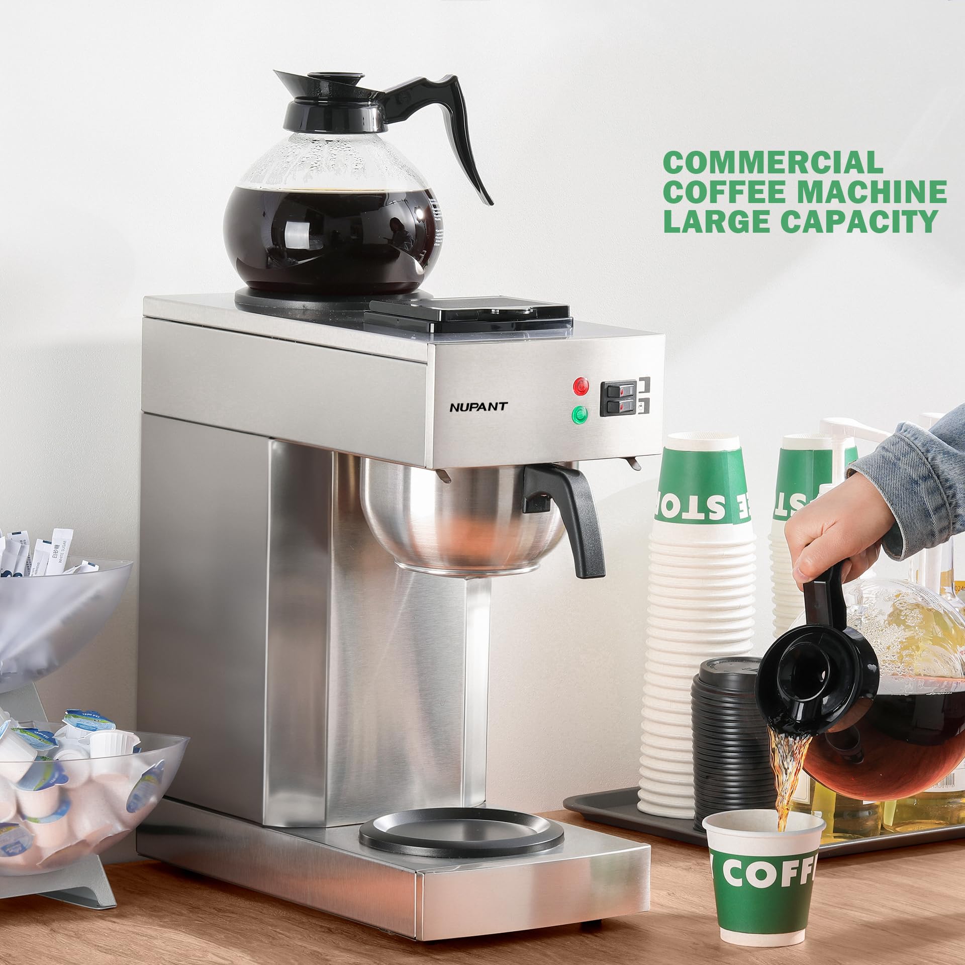 NUPANT 1.8L pour-over brewer delivers quick hot coffee in minutes.
