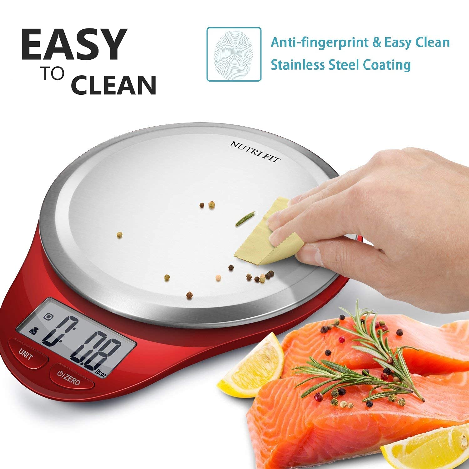 NUTRI FIT scale supports grams, ounces, and milliliters for versatile measuring.