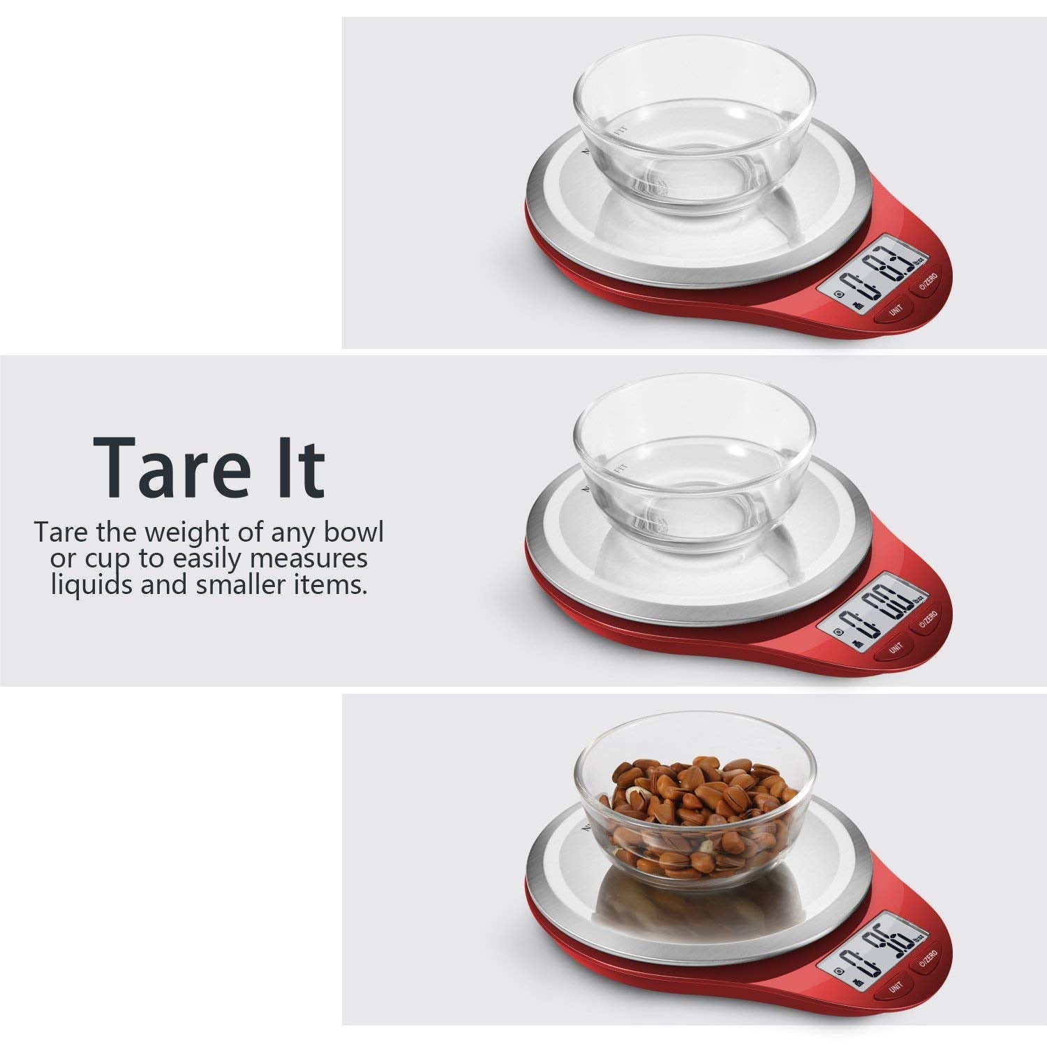 NUTRI FIT scale tare function allows weighing multiple ingredients in one container.