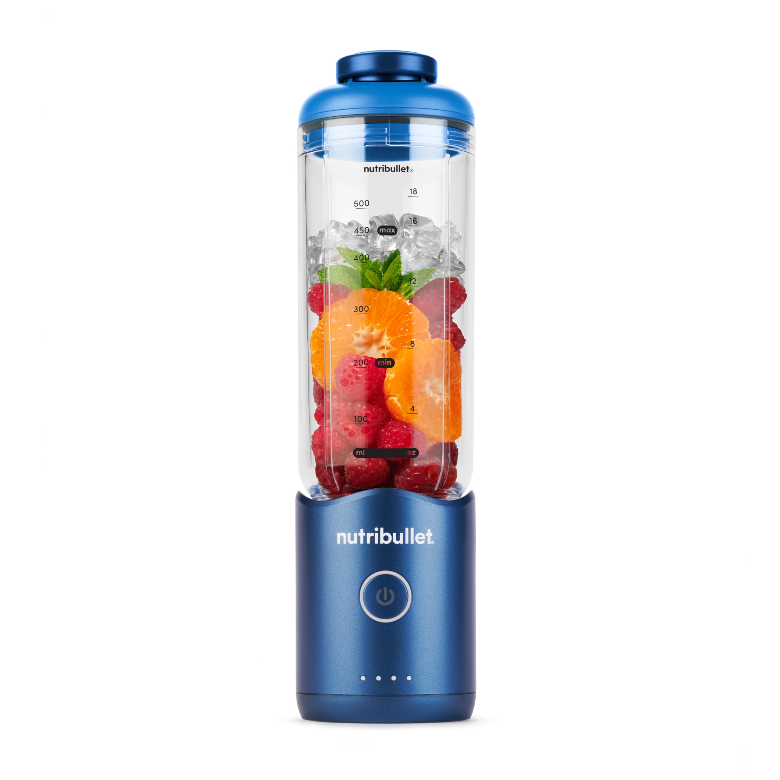 NutriBullet Flex sapphire blue bottle with detachable motor base for lighter on-the-go blending.