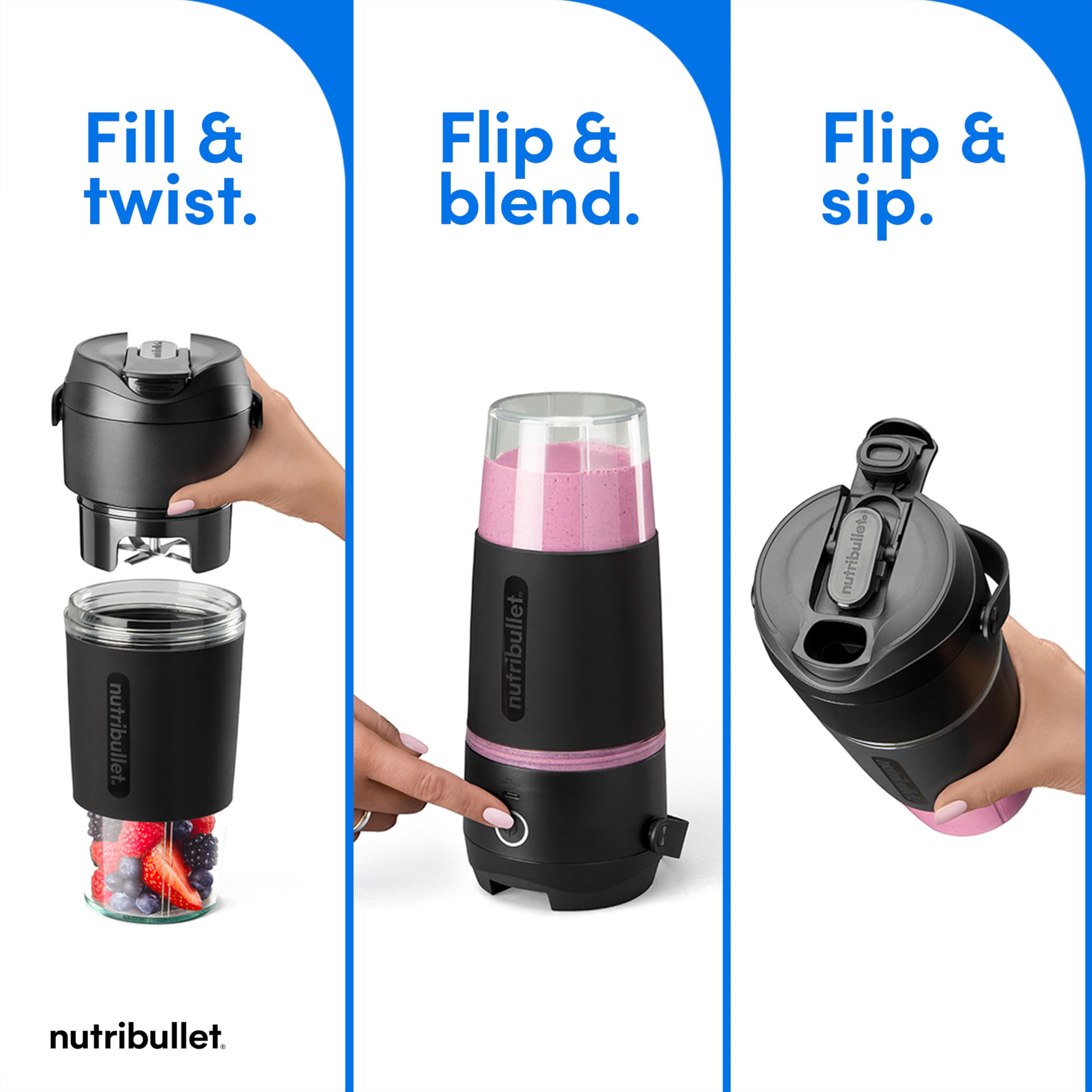 NutriBullet Flip cordless travel blender blending outdoors during a trip