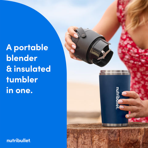 NutriBullet Flip insulated tumbler shown for on-the-go blending with carry handle.