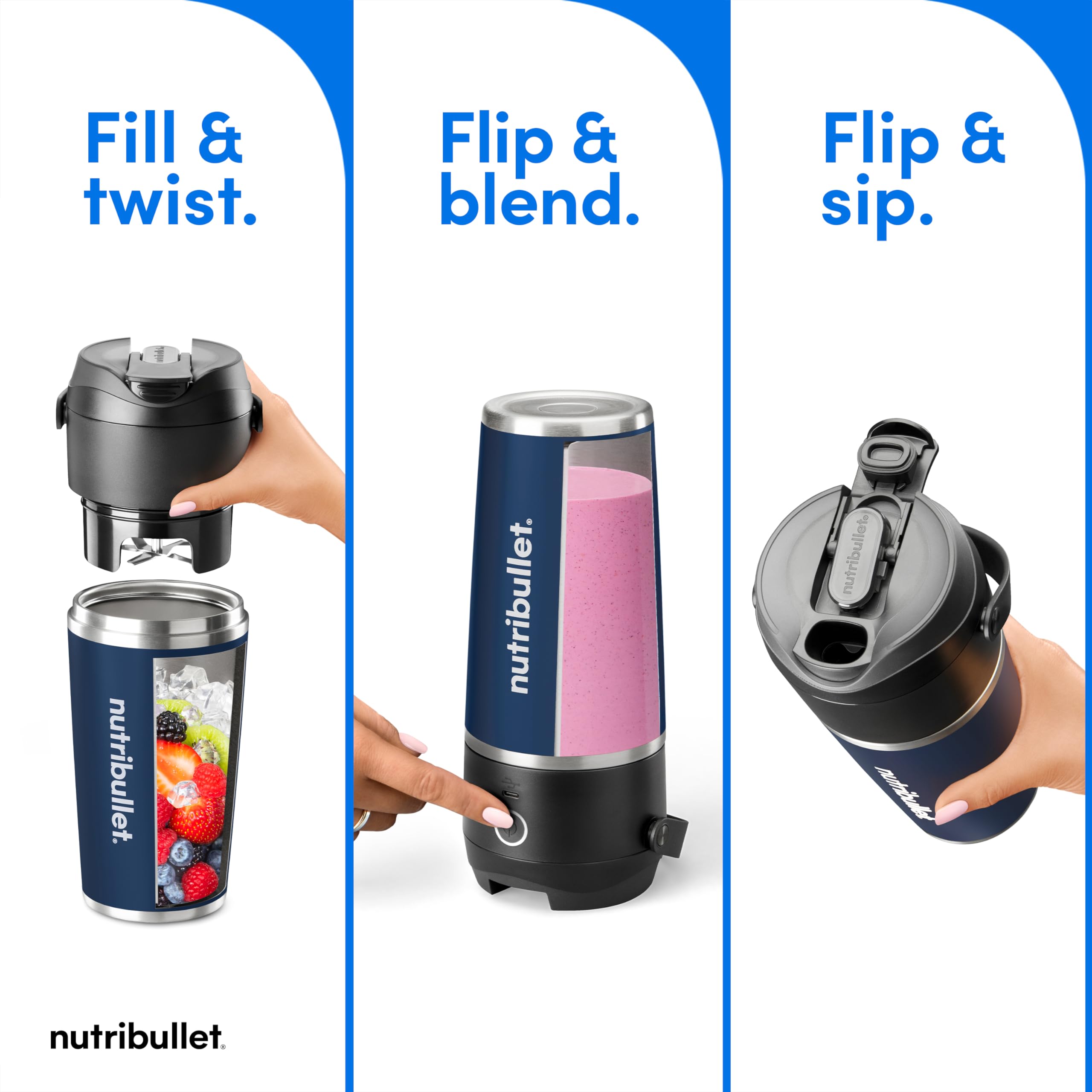 NutriBullet Flip matte Indigo color highlights stylish cordless blending.
