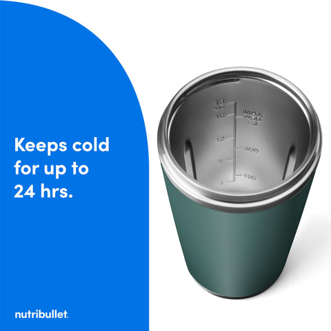 Nutribullet Flip stainless steel tumbler keeps blends cold outdoors