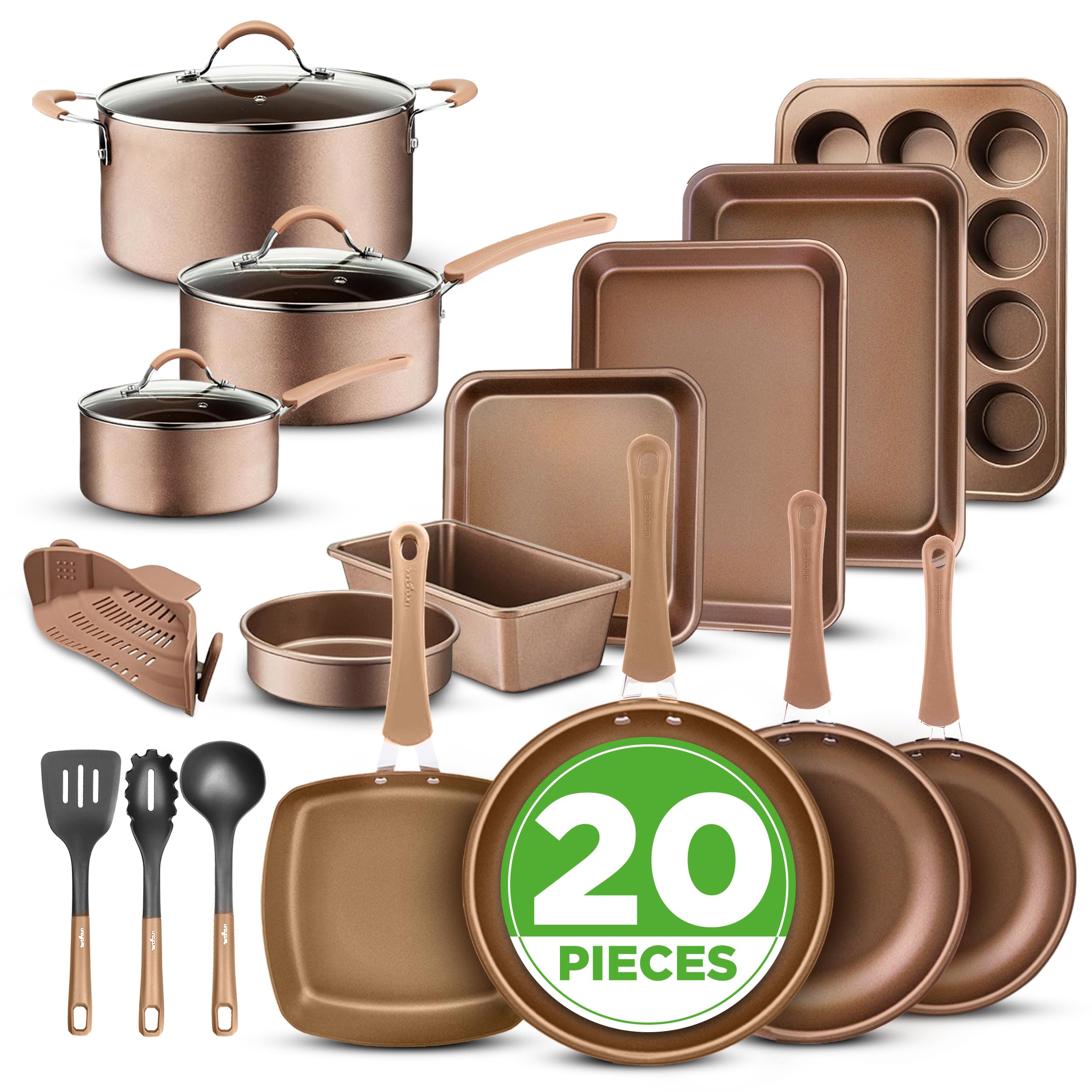 NutriChef 20-piece cookware set overview showing nonstick surface for easy release.