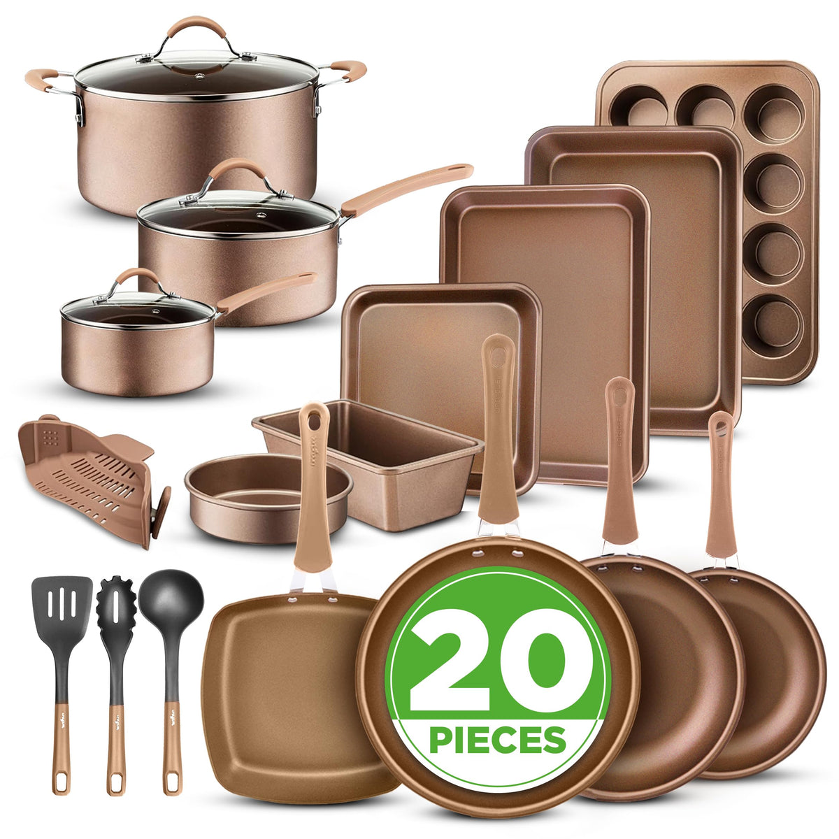 NutriChef 20-piece cookware set overview showing nonstick surface for easy release.