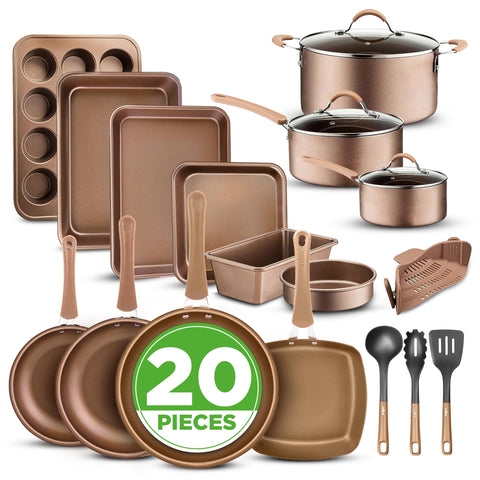 Nutrichef 20-piece set on stove for versatile everyday cooking.