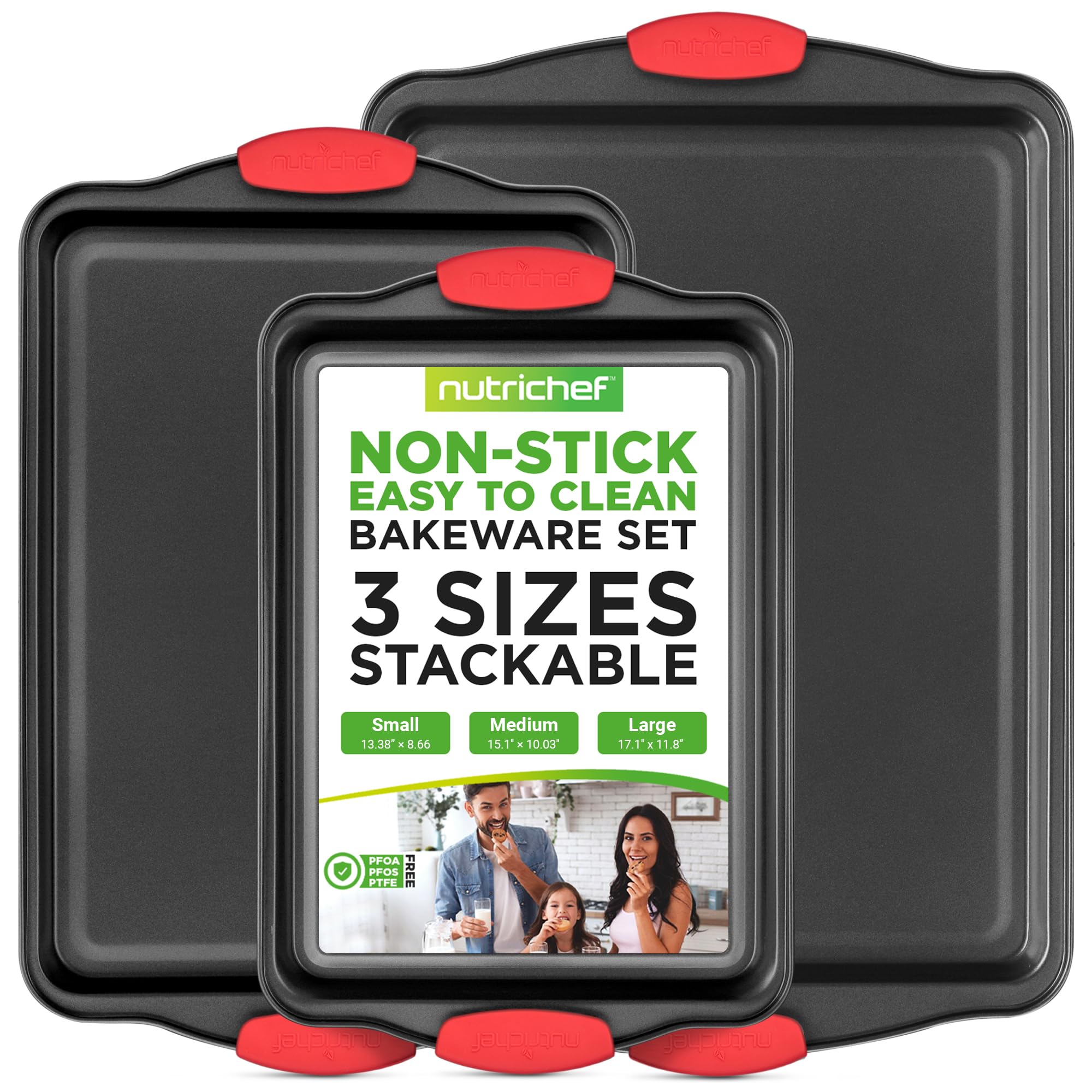 NutriChef 3-piece nonstick bakeware set with red handles, for versatile cooking and easy cleanup.