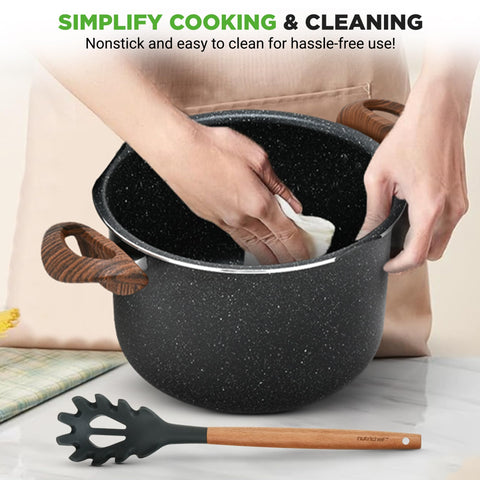 NutriChef pasta pot and lid assembly, compact all-in-one cooking set.