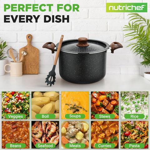 NutriChef pasta pot with heat-resistant handles, comfortable grip during stovetop transfers.
