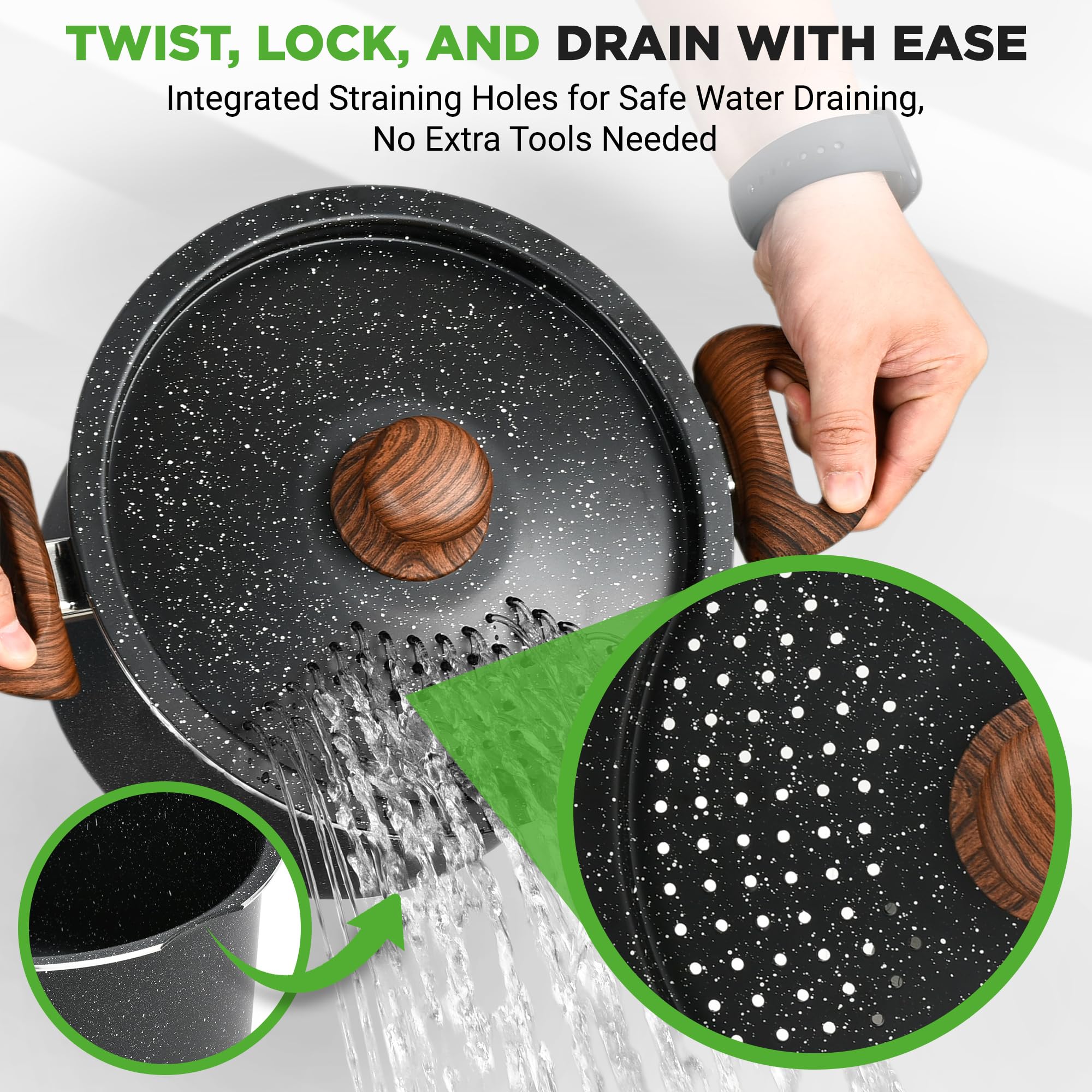 NutriChef pasta pot strainer lid close-up, integrated holes for safe, mess-free draining.