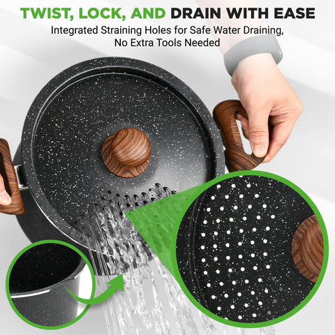 NutriChef pasta pot strainer lid close-up, integrated holes for safe, mess-free draining.