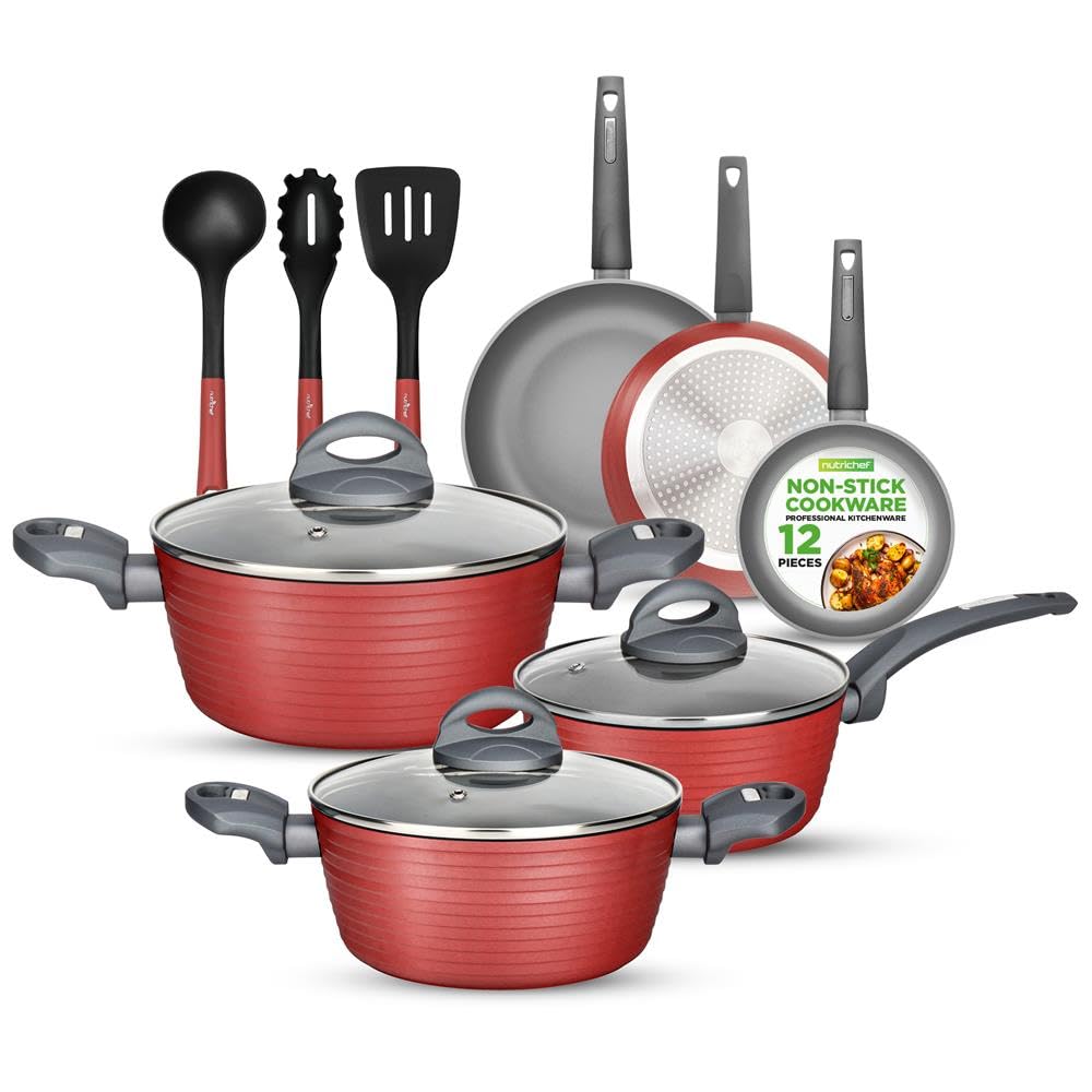 NutriChef Professional 12-piece red nonstick set with see-through lids for easy steam monitoring