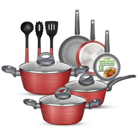 NutriChef Professional 12-piece red nonstick set with see-through lids for easy steam monitoring