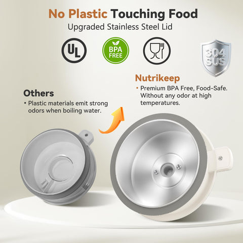 Nutrikeep nut milk maker shows 40oz capacity for large batches.