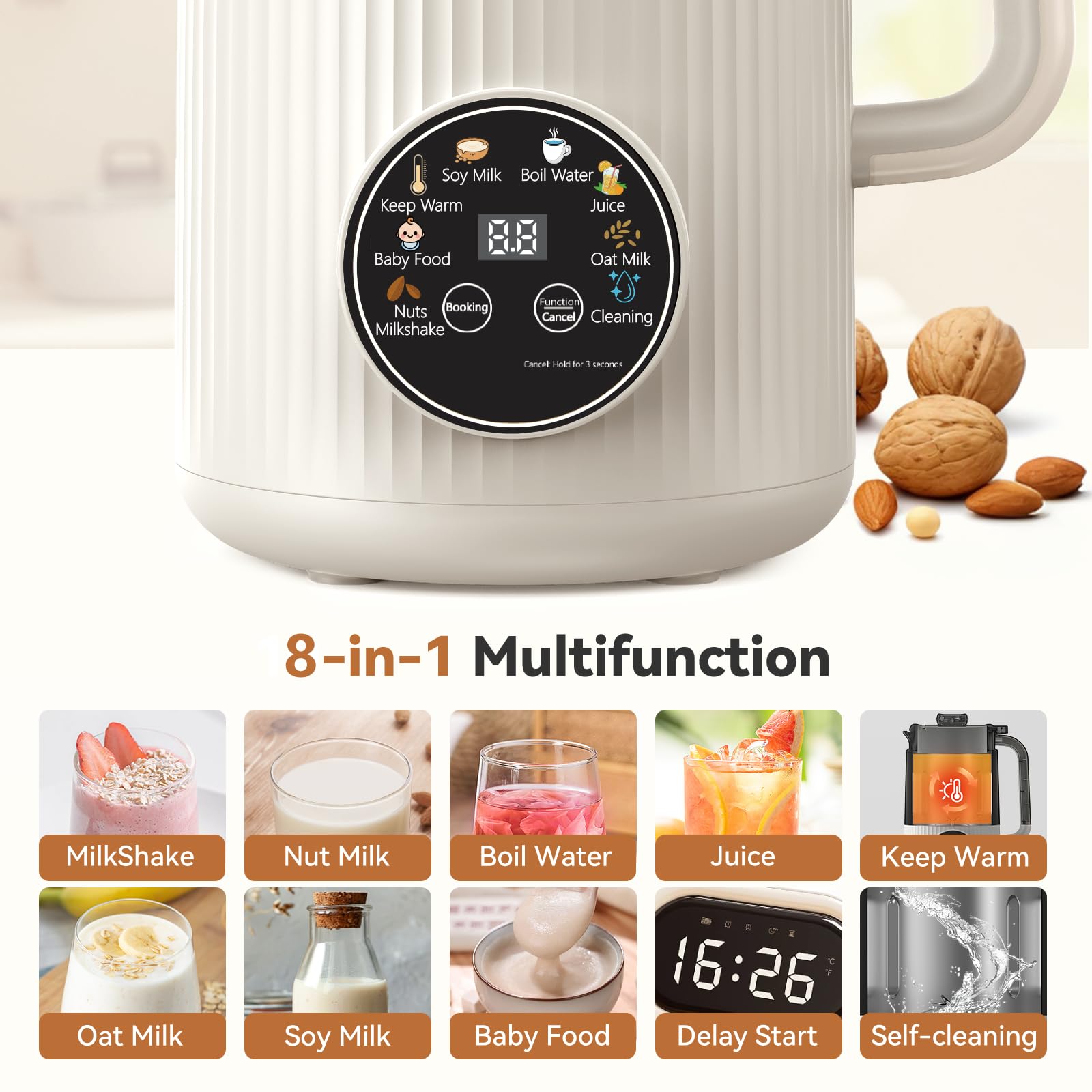 Nutrikeep 8in1 functions display demonstrates versatile milk and beverage options.