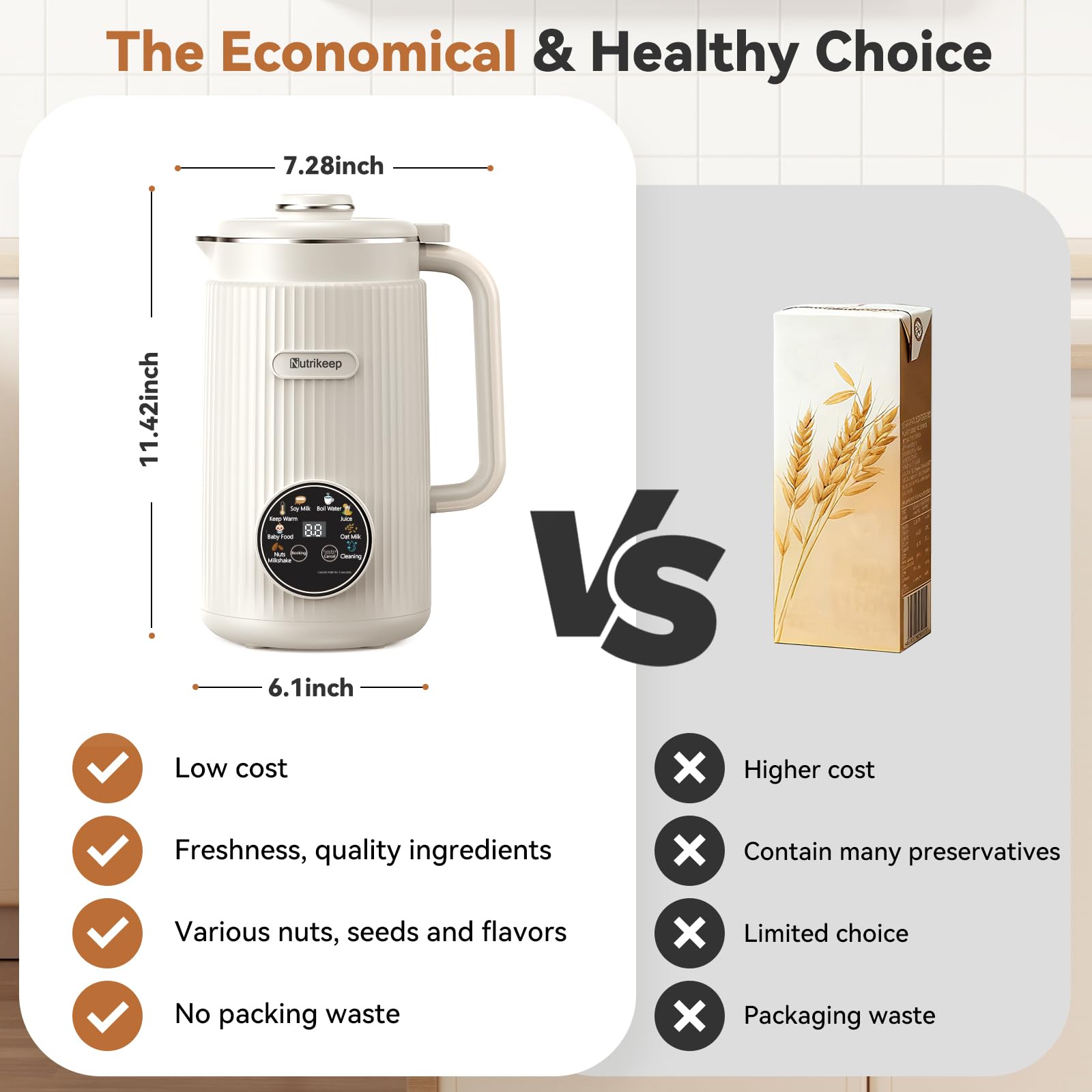 Nutrikeep keep-warm function maintains beverage temperature.