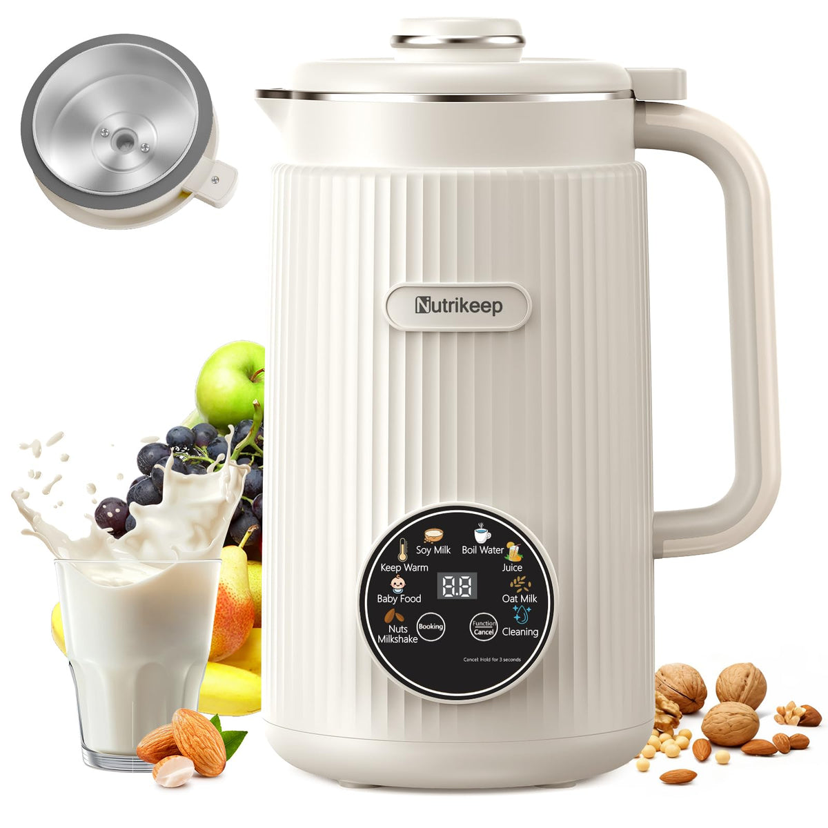 Nutrikeep nut milk maker with upgraded stainless lid for pure flavor and easy cleaning.